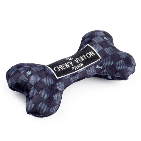 Image of Black Checker Chewy Vuiton Bone Squeaker Dog Toy