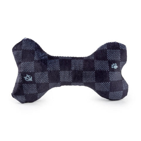 Image of Black Checker Chewy Vuiton Bone Squeaker Dog Toy