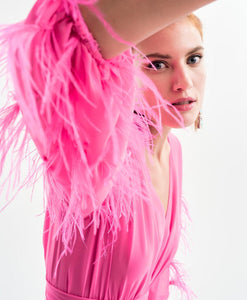 Fuschia Maxi dress with feather sleeves