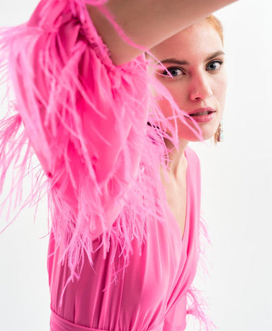 Image of SALE Fuschia Maxi dress with feather sleeves