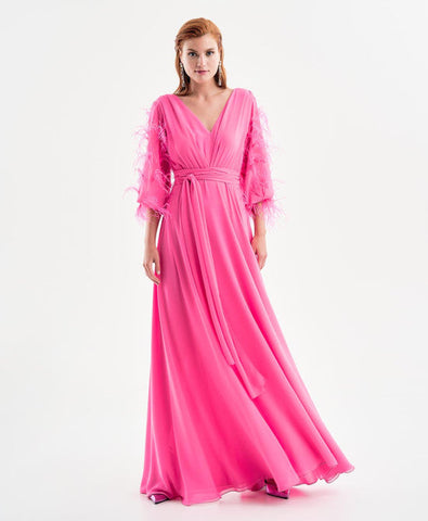 Image of Fuschia Maxi dress with feather sleeves