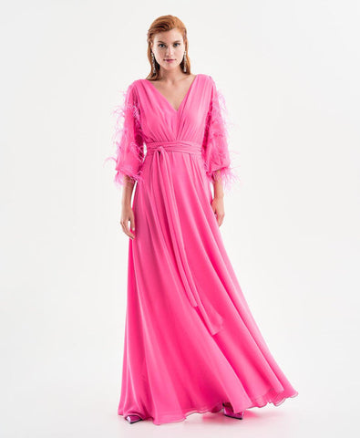 Image of SALE Fuschia Maxi dress with feather sleeves