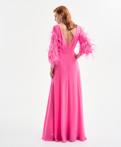 Image of SALE Fuschia Maxi dress with feather sleeves