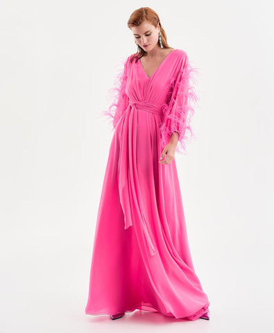 Image of SALE Fuschia Maxi dress with feather sleeves