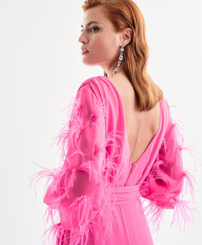 Image of SALE Fuschia Maxi dress with feather sleeves