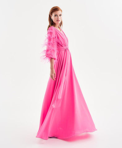 Image of SALE Fuschia Maxi dress with feather sleeves