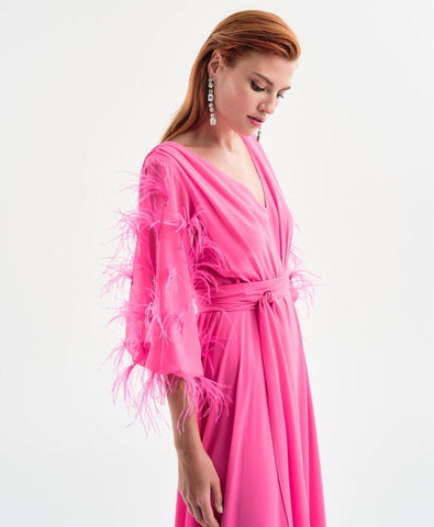 Image of SALE Fuschia Maxi dress with feather sleeves