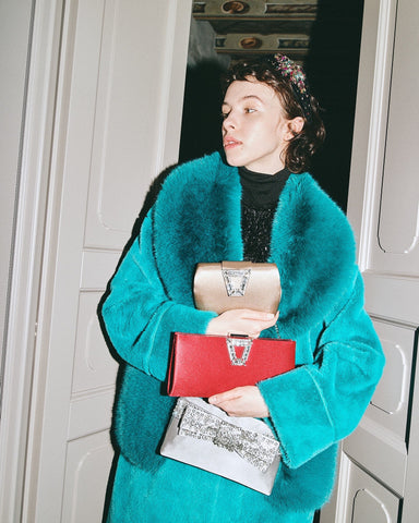 Image of SALE Satin Rhinestone Long Clutch Teal