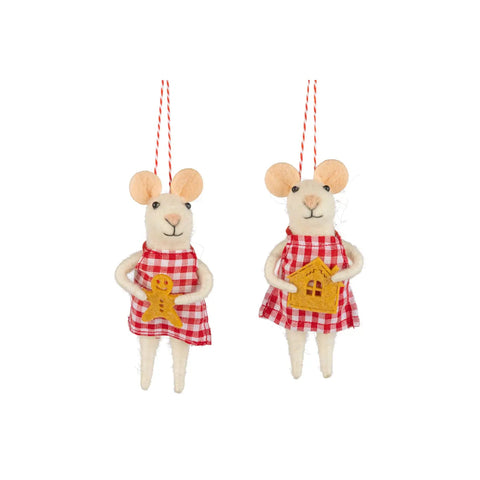 Image of 2 Felt Mice Ornament Red Gingham Dress