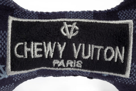 Image of Black Checker Chewy Vuiton Bone Squeaker Dog Toy