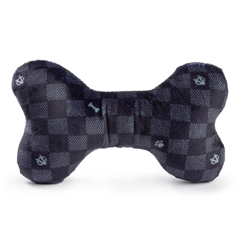 Image of Black Checker Chewy Vuiton Bone Squeaker Dog Toy