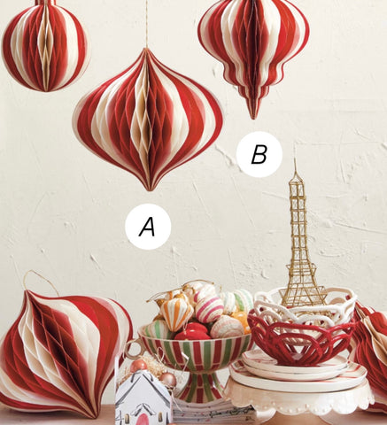 Image of Paper Folding Honeycomb Ornament w/ Gold Glitter Edge, Cream Color & Red SALE