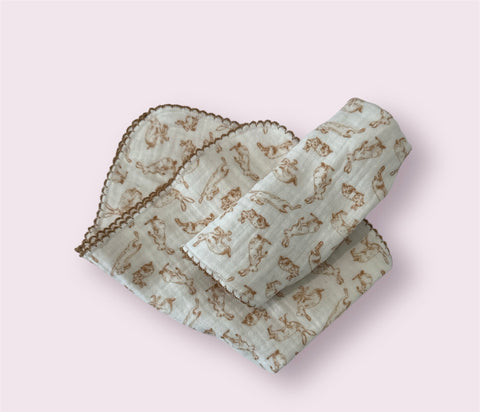 Image of Cotton Burp Cloth w/ Rabbits & Stitched Trim, 4 Colors