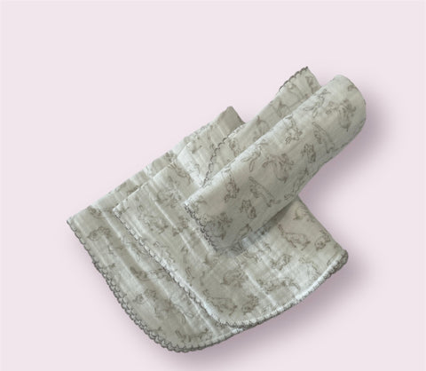 Image of Cotton Burp Cloth w/ Rabbits & Stitched Trim, 4 Colors