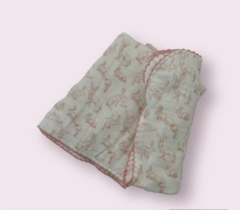 Image of Cotton Burp Cloth w/ Rabbits & Stitched Trim, 4 Colors
