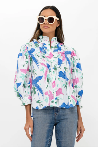 RUFFLE FRONT BUTTON BLOUSE- MACAW BLUE