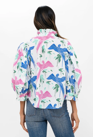 Image of RUFFLE FRONT BUTTON BLOUSE- MACAW BLUE