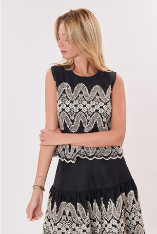 Image of SLEEVELESS TOP EMBROIDERED WITH FLOWERS AND RUFFLE ONYX
