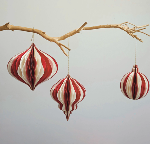 Image of Paper Folding Honeycomb Ornament w/ Gold Glitter Edge, Cream Color & Red SALE