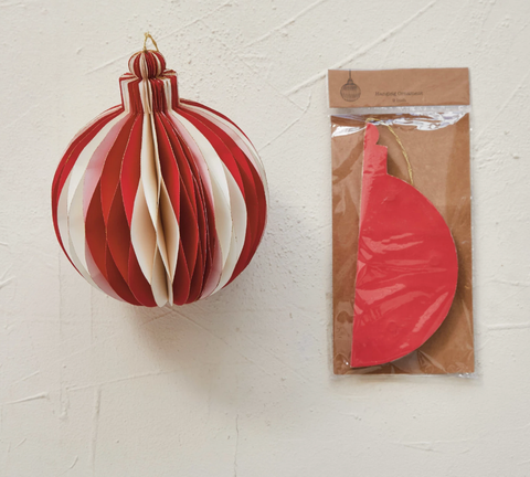 Image of Paper Folding Honeycomb Ornament w/ Gold Glitter Edge, Cream Color & Red SALE