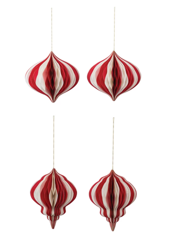 Image of Paper Folding Honeycomb Ornament w/ Gold Glitter Edge, Cream Color & Red SALE