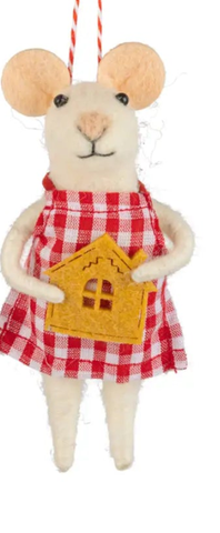 Image of 2 Felt Mice Ornament Red Gingham Dress