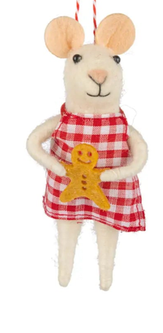 Image of 2 Felt Mice Ornament Red Gingham Dress