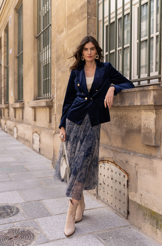 Image of Velvet Blazer Jacket with Gold Buttons- Blue