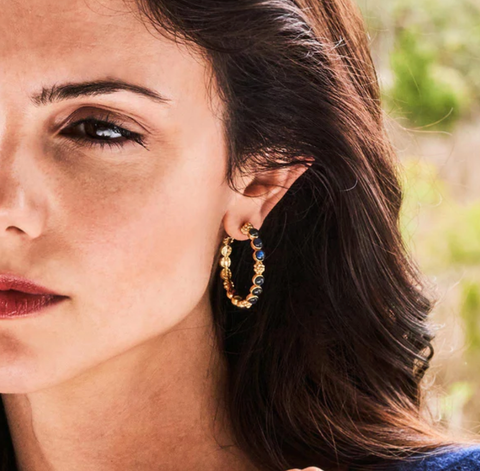 Image of Berry Gem Medium Hoop Earrings - Blue Labradorite