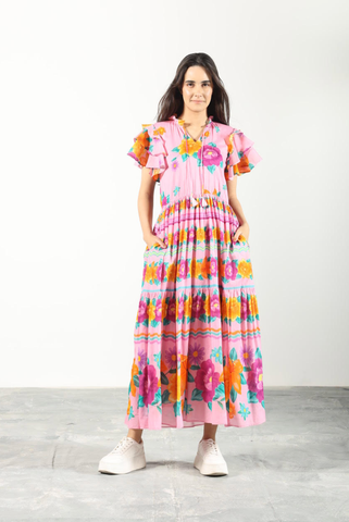 Image of Maude Vivante Pink and Orange Floral Cotton Maxi Dress Short Sleeves With Pockets