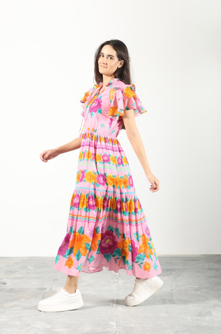 Image of Maude Vivante Pink and Orange Floral Cotton Maxi Dress Short Sleeves With Pockets