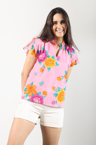 Image of Maude Vivante Pink and Orange Floral Cotton Blouse Short Sleeves