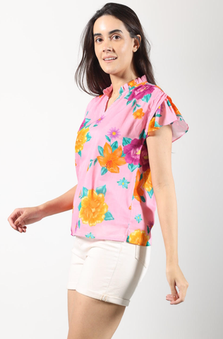 Image of Maude Vivante Pink and Orange Floral Cotton Blouse Short Sleeves