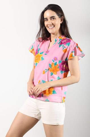 Image of Maude Vivante Pink and Orange Floral Cotton Blouse Short Sleeves