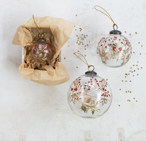 Image of Hand-Painted Etched Glass Ball Ornament with Berry Design