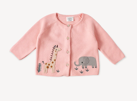 Image of Animal Safari Embroidered Baby Cardigan Sweater (Organic) - Blush