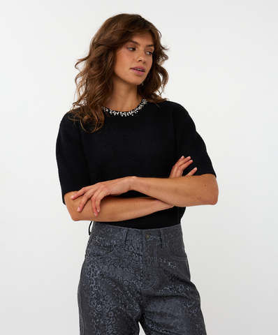 Image of Rhinestone Collar Sweater- Black