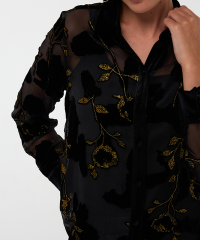 Image of Black and Gold Floral Mesh Blouse