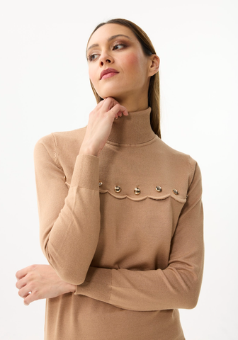 Image of Scalloped Turtleneck Sweater - Beige