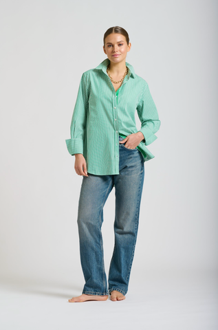 Image of The Elodie Trim Girlfriend Relaxed Shirt - Green Stripe