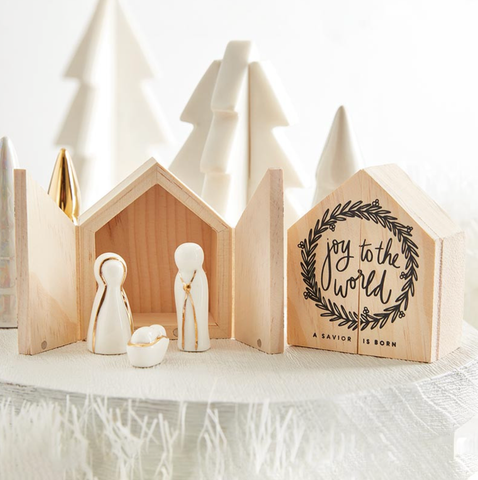 Image of Ceramic Figurines Pine Wood Box - Holy Family
