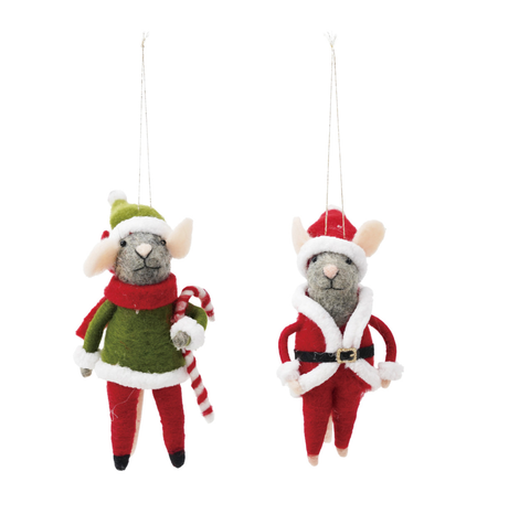 Image of Handmade Wool Felt Mouse Ornament, Red & Green, 2 Styles
