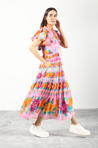 Image of Maude Vivante Pink and Orange Floral Cotton Maxi Dress Short Sleeves With Pockets