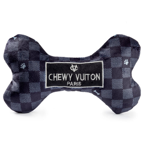 Image of Black Checker Chewy Vuiton Bone Squeaker Dog Toy
