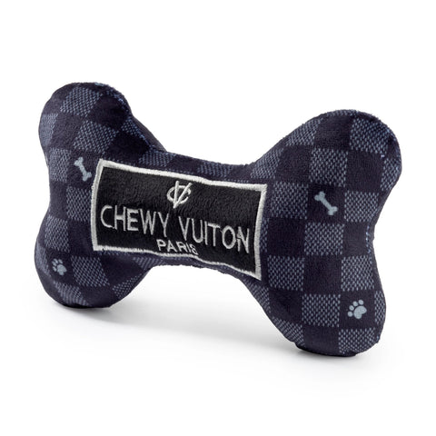 Image of Black Checker Chewy Vuiton Bone Squeaker Dog Toy