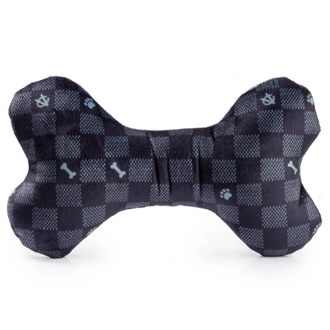 Image of Black Checker Chewy Vuiton Bone Squeaker Dog Toy