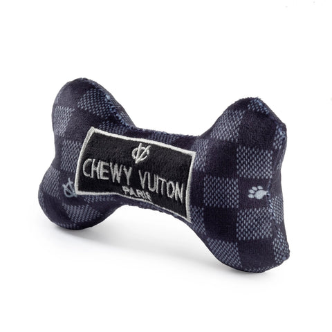 Image of Black Checker Chewy Vuiton Bone Squeaker Dog Toy