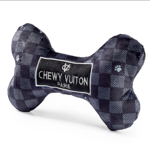 Image of Black Checker Chewy Vuiton Bone Squeaker Dog Toy
