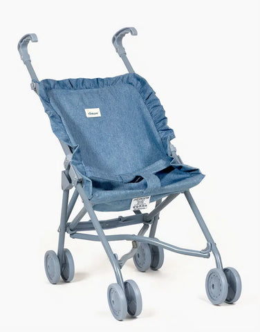 Image of Light blue denim ruffled doll stroller