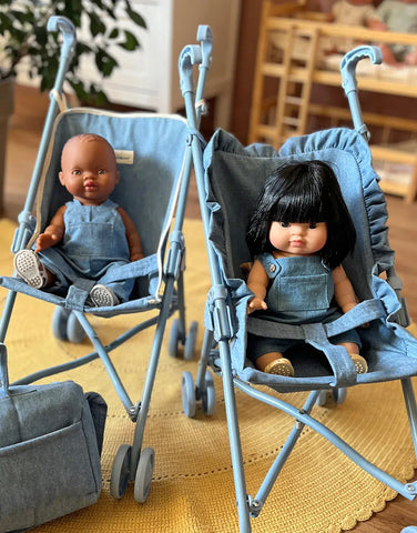 Image of Light blue denim ruffled doll stroller